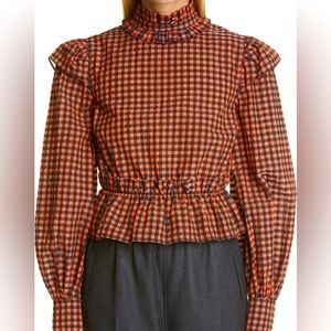 GANNI Gingham Ruffle Seersucker Blouse
